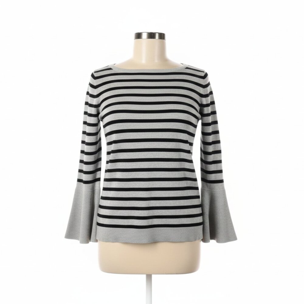 Lane Bryant‎ Sweater Womens 18 20 Black Gray Striped Bell Sleeve Casual Neutral